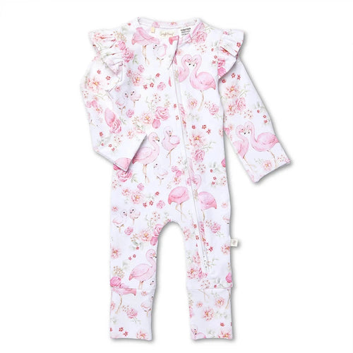 Snuggle Hunny - Organic Snugglesuit Convertible Romper with Frill | Flamingos
