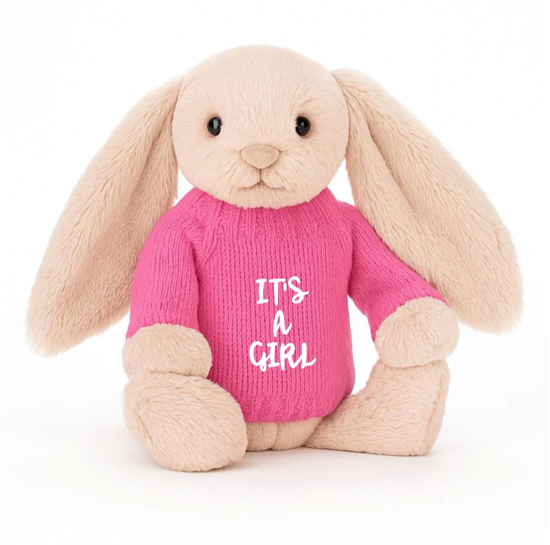 Soft Toy Knitted Jumper Candy Pink - ITS A GIRL | Fits Medium Bashful Jellycat (JUMPER ONLY) Cherrie Baby Boutique Script 