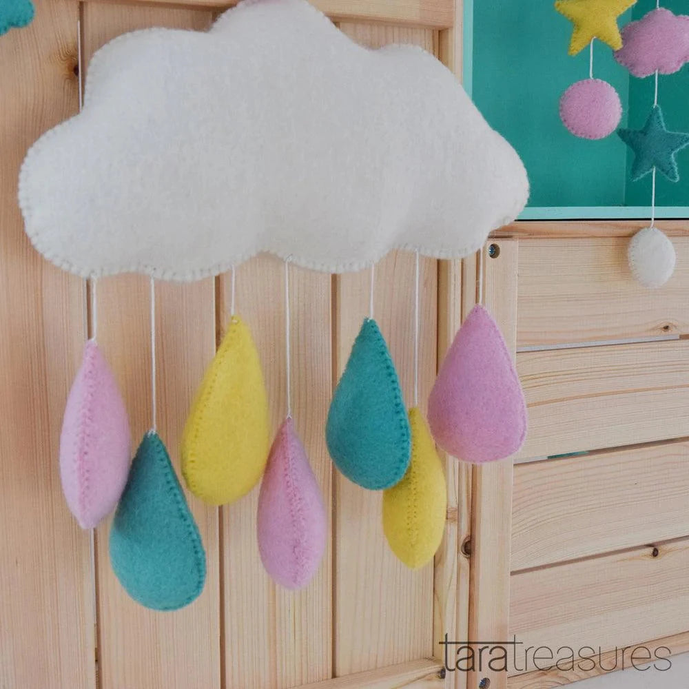 Tara Treasures Cot Nursery Mobile - Pink, Blue and Yellow Raindrops Mobile Tara Treasures 