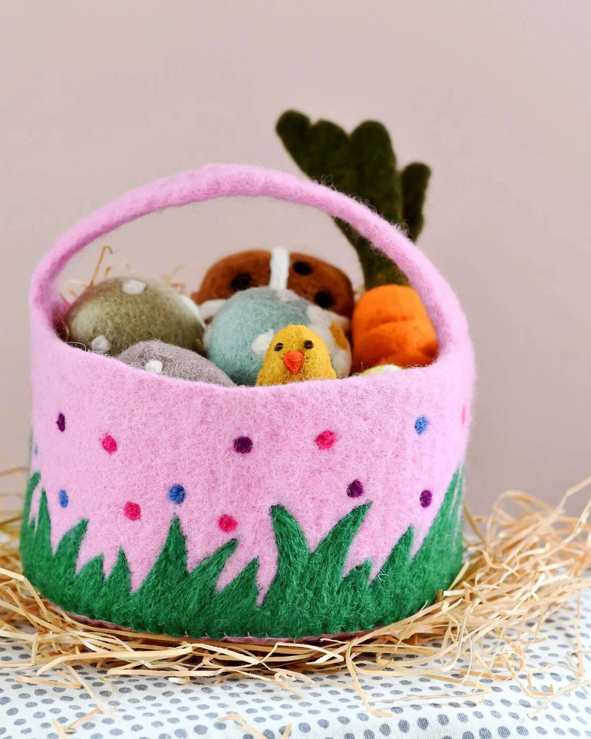 Tara Treasures - Felt Pink Basket with Colourful Dots Basket Tara Treasures 