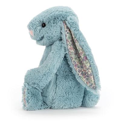 Bashful Blossom Aqua Bunny Medium Soft Toy Jellycat Australia, a soft blue bunny with pink nose, floral fabric detail in the ear and bottom of the feet.