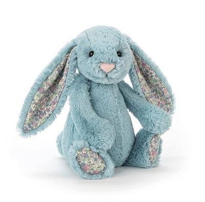Bashful Blossom Aqua Bunny Medium Soft Toy Jellycat Australia, a soft blue bunny with pink nose, floral fabric detail in the ear and bottom of the feet.