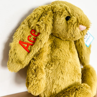 CHERRIE BABY EXCLUSIVE Bashful Zingy Bunny Medium Soft Toy Jellycat Australia, a lime green bunny with pink nose.