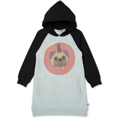 Donut Pug Furry Hoodie Dress - Grey Marle/Black Long Sleeve Dress Minti 