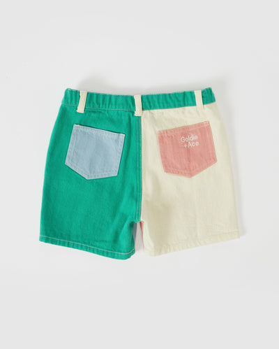 Goldie & Ace Denim Colour Block Shorts - Green Ivory Rust Shorts Goldie & Ace 