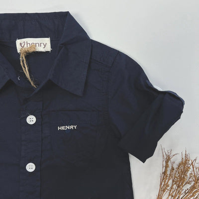 Love Henry Baby Dress Shirt Romper - Navy Romper Love Henry 