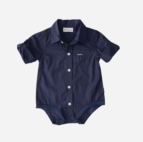 Love Henry Baby Dress Shirt Romper - Navy
