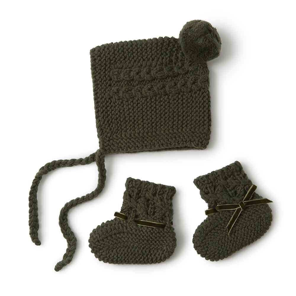 Merino Wool Bonnet & Booties - Olive Booties Snuggle Hunny Kids 