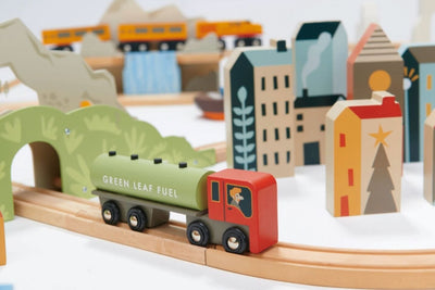 Mountain View Wooden Train Set SHOP Vehicle and Construction Tender Leaf Toys 