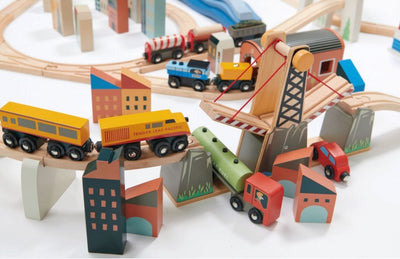 Mountain View Wooden Train Set SHOP Vehicle and Construction Tender Leaf Toys 