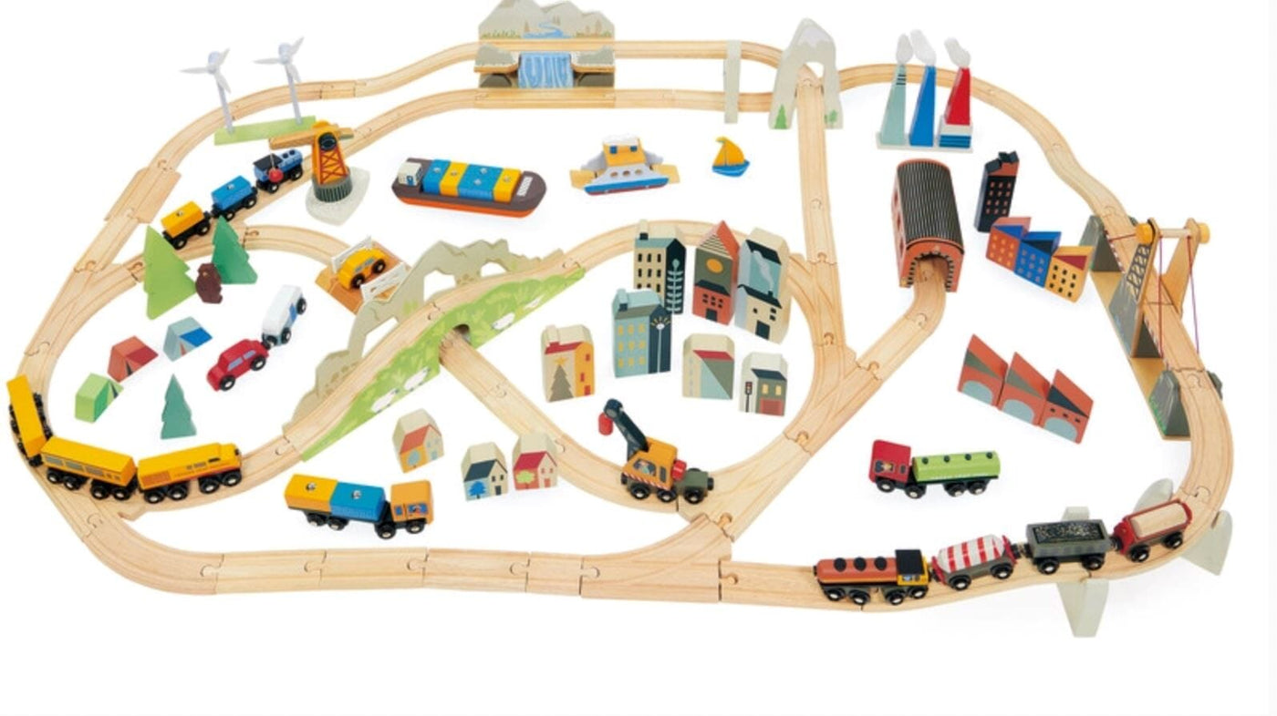 Mountain View Wooden Train Set SHOP Vehicle and Construction Tender Leaf Toys 