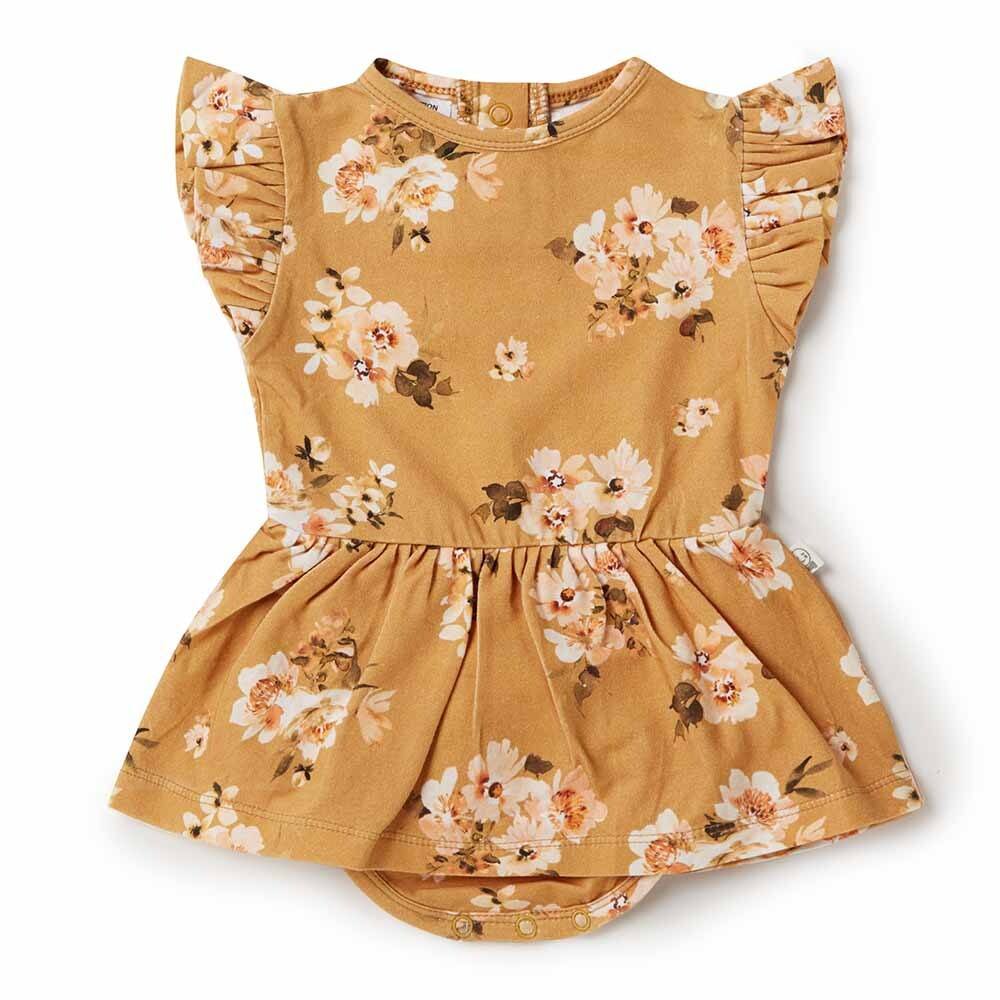 Organic Golden Flower Dress Short Sleeve Dress Snuggle Hunny Kids 