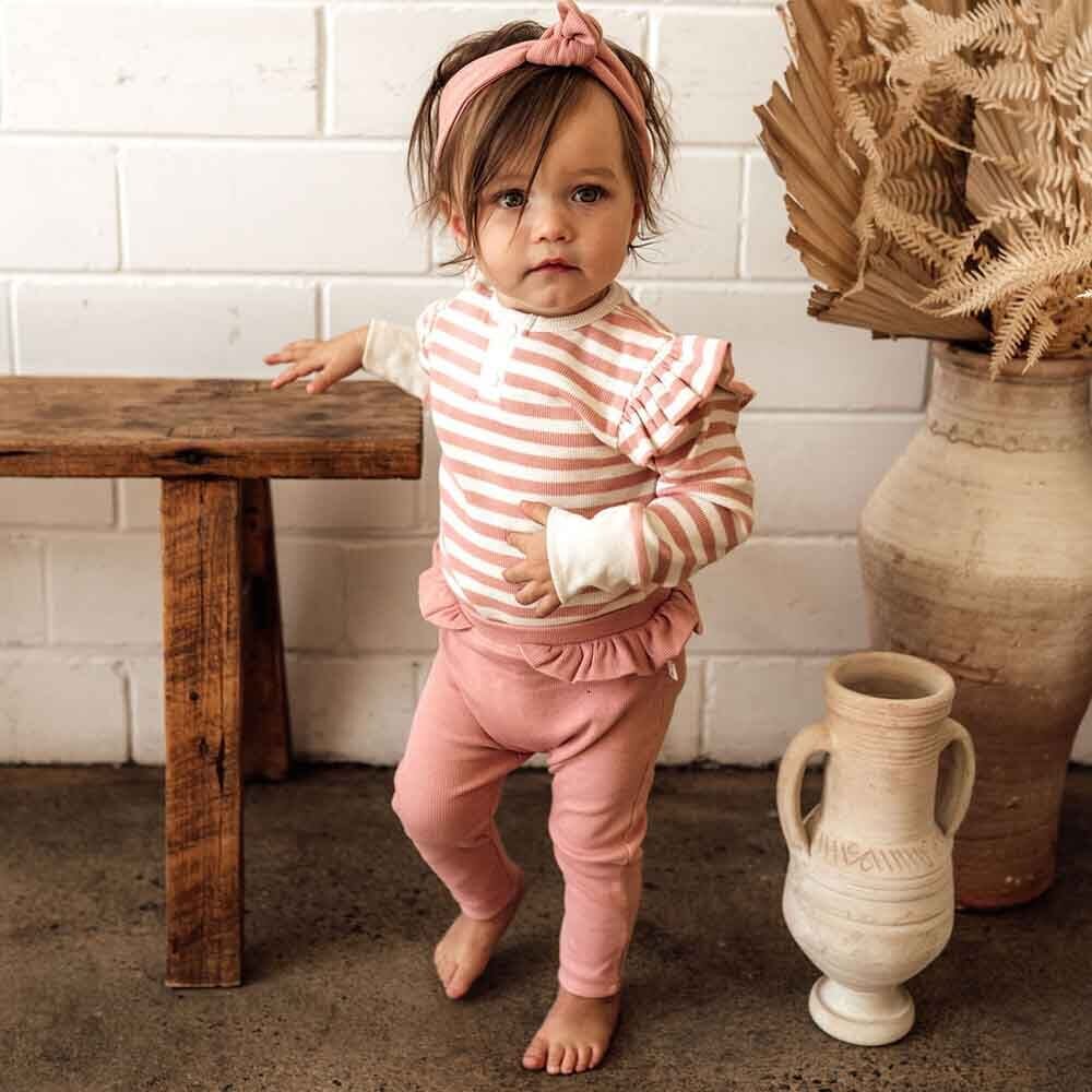 Organic Rose Stripe Long Sleeve Bodysuit Bodysuit Snuggle Hunny 