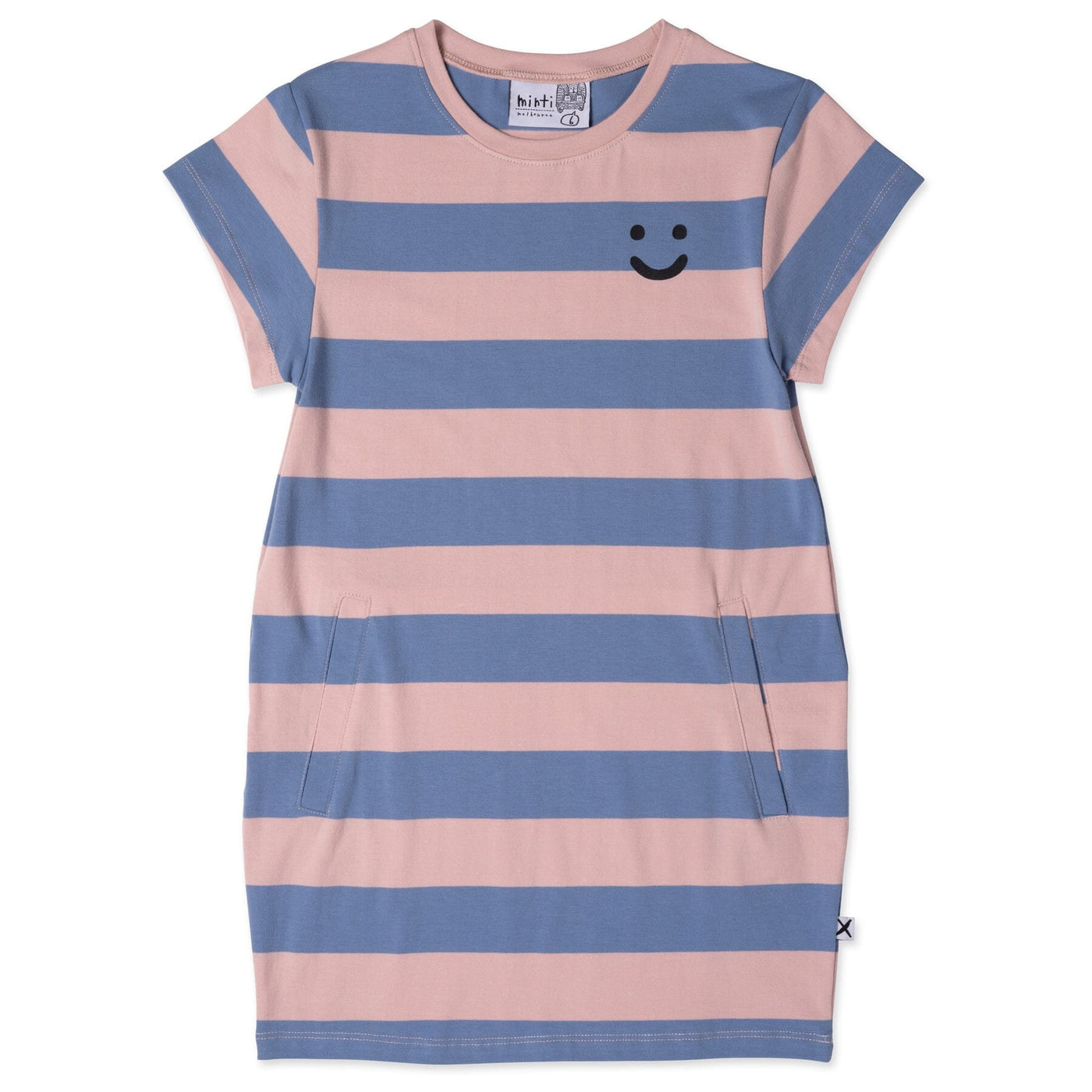 PREORDER Minti Happy Face Tee Dress - Muted Pink/Muted Blue Short Sleeve Dress Minti 