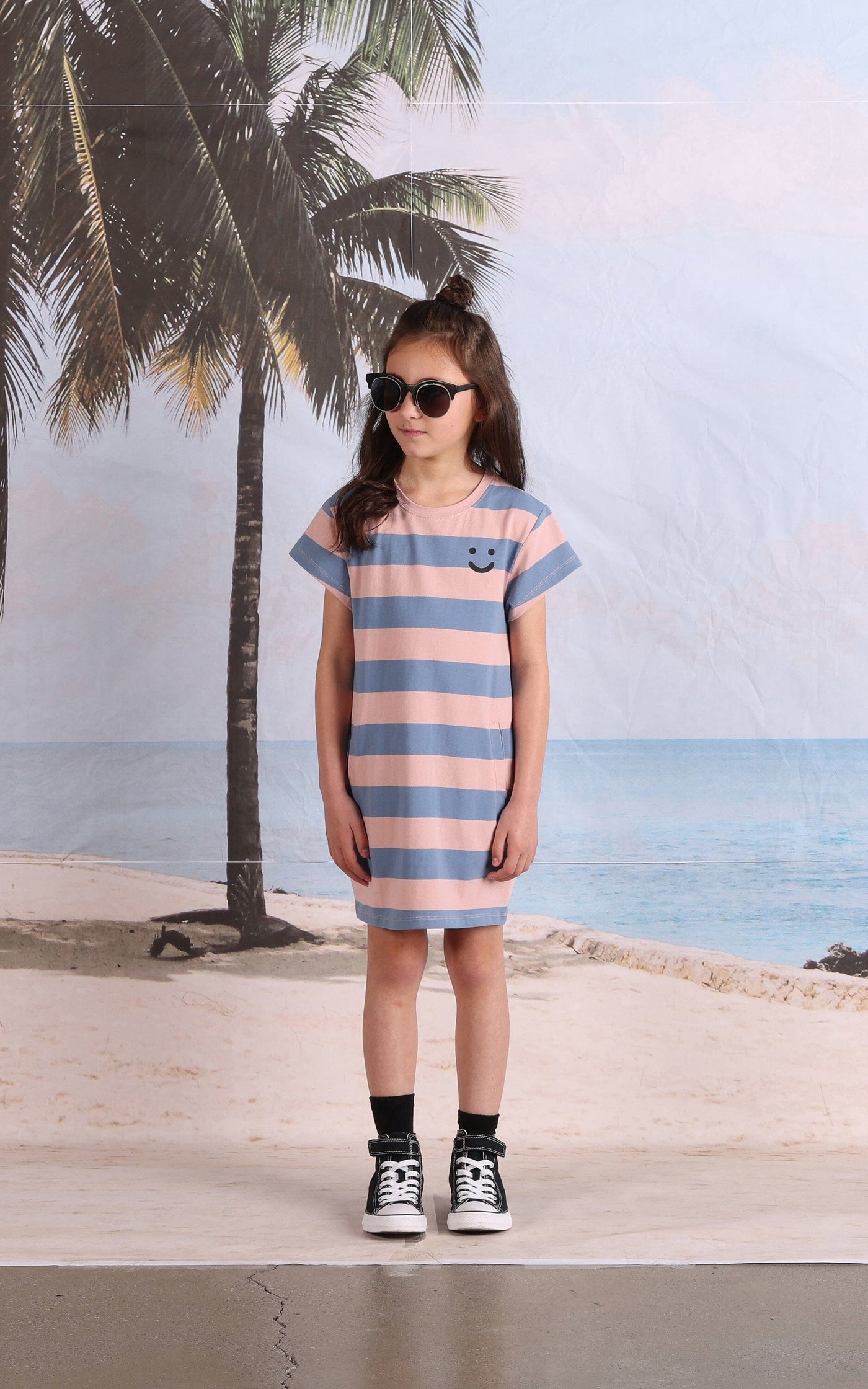 PREORDER Minti Happy Face Tee Dress - Muted Pink/Muted Blue Short Sleeve Dress Minti 