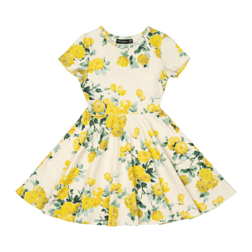 Rock Your Baby Yellow Roses Waisted Dress Short Sleeve Dress Rock Your Baby 