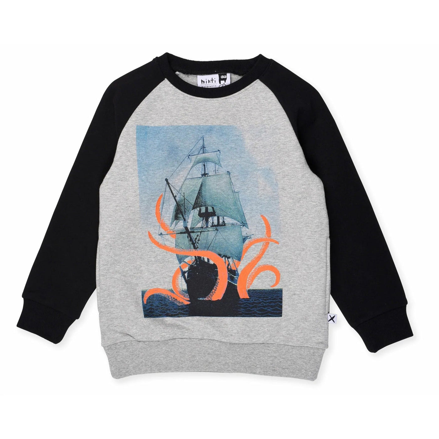 Trouble At Sea Furry Crew- Grey Marle/Black Long Sleeve T-shirt Minti 